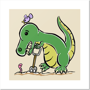 Gardening Gardener Tyrannosaurus Dinosaur Dino Cartoon Cute Character Posters and Art